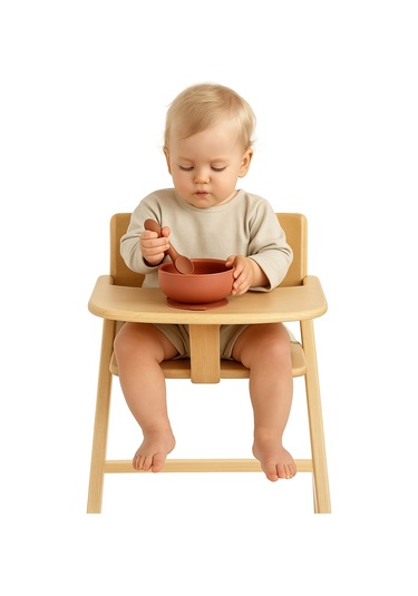 5'li Silikon Set / Bölmeli Mama Tabağı / Kase / Bardak / Diş Kaşıyıcı / Mama Kaşığı - Kiremit Rengi Kiremit