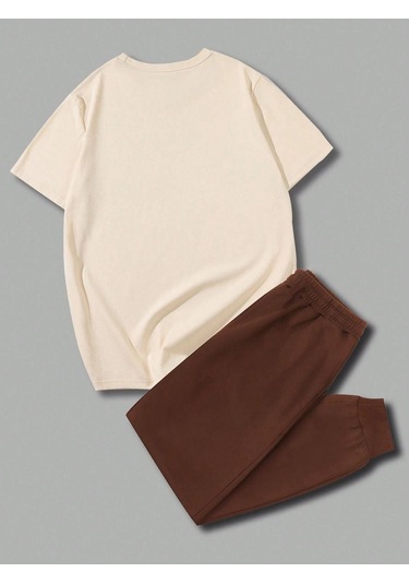 Beach T-shirt Eşofman Altı Jogger - Bej Kahverengi Baskılı Eşofman Takımı Oversize Bisiklet Yaka Bej Kahverengi
