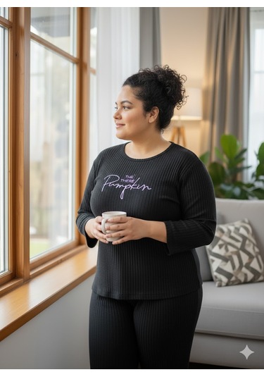 Kadın Siyah Pumpkin Pijama Takımı Siyah