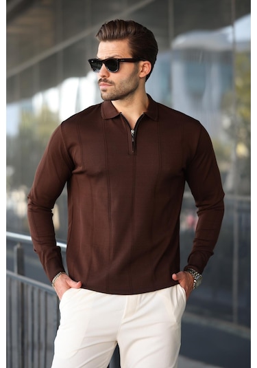 Kahverengi Polo Yaka Fermuarlı Erkek Kazak E7427 Kahverengi
