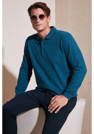 Buratti Pamuk Karışımlı Regular Fit Erkek Polo Yaka Kazak 456223 Petrol