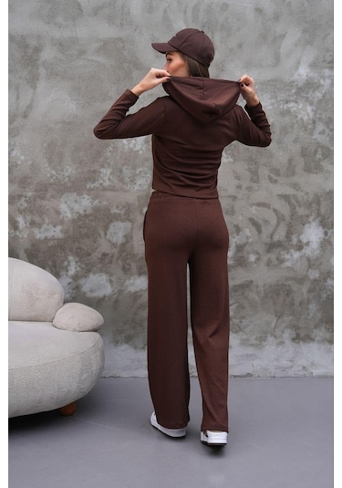Elaxi Modal Kumaş Slim Fit Kapüşonlu İkili Takım Kahverengi