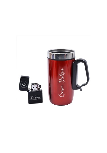 Kişiye Özel Kırmızı Bardak Termos & Kişiye Özel Zippo Tarzı Çakma Kırmızı