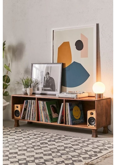Ahşap Oldschool Model Açık Raflı Plak Dolabı, Konsol Ceviz