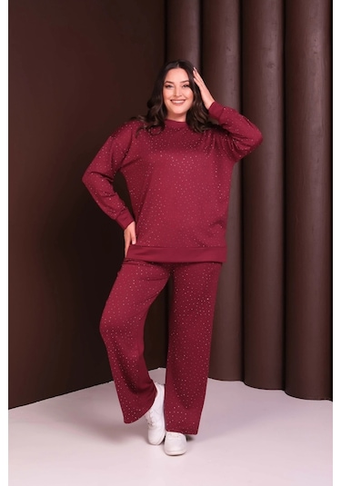Önü Taş Baskılı Alt-üst Takım Bordo