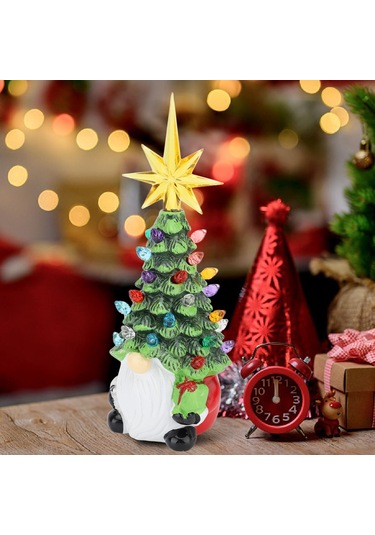 Yaozixa Pil İle Çalışan Led Işıklı Reçine Cüce Noel Ağaçı Dekorasyonu - Taşınabilir Ev Ofis Noel Unsurları