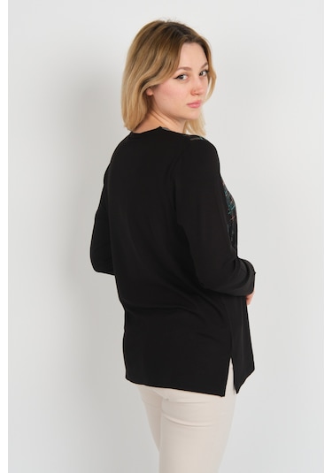 Detay Triko Kadın Taş Detaylı Desenli Yanları Yırtmaçlı Uzun Kol Anne Bluz 5741 Siyah Siyah