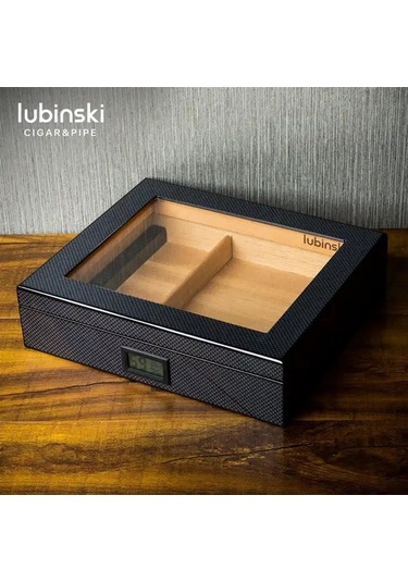 Lubinski Cedar Basic Camlı Puro Kutusu Humidor Slim Dijital Karbon 15s
