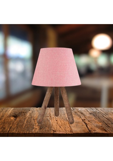 Artgift Tasarım Luce Üç Ayaklı Ahşap Ayaklı Abajur Pembe Kumaş Başlık Pembe