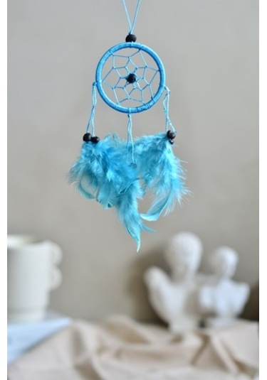 Araba Süsü Tüylü Turkuaz Mini Rüya Kapanı / Düş Kapanı / Dreamcat