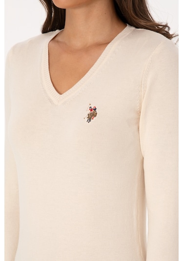U.S. Polo Assn. Kadın Krem V Yaka Basic Kazak 50307727-VR256
