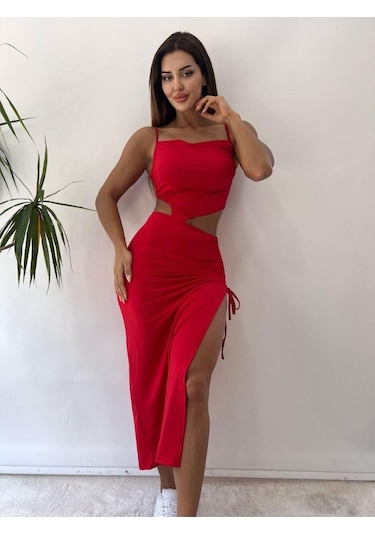 Pink Life Kırmızı Kriptografik Zarif Seksi İp Detaylı Maksi Elbise