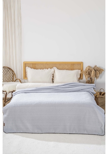 Açık Gri Valencia Sherpa Çift Kişilik Peluş Battaniye Gri