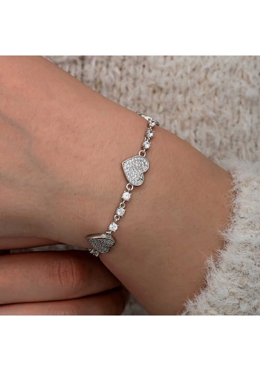 Artsmagazinmücevher Gümüş Zirkon Taşlı Sıralı Kalp Kadın Bileklik