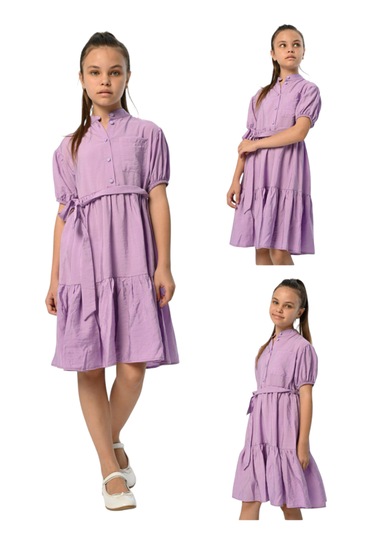 Kız Çocuk Önü Düğme Kapamalı Kuşaklı Kolları Lastikli Elbise Lila