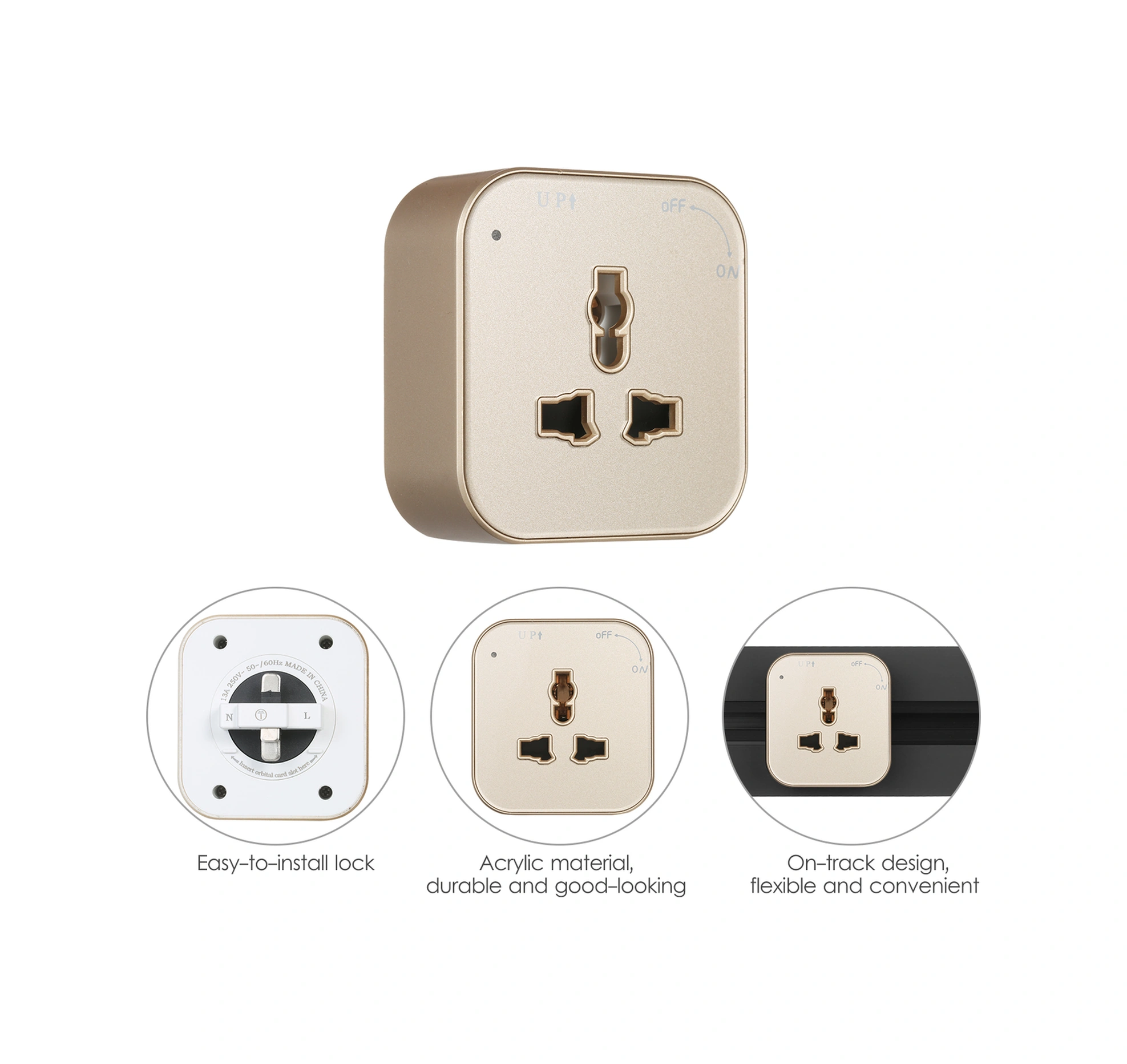 Youtek Altın Renkli Akrilik Uçaklı Tabanlı 3-pin Evrensel Tak Adaptörü - Kaydırılabilir Elektrik Rayı Uyumlu, Kolay Kurulum, Ev/ofis Kullanıma Uygun Altın