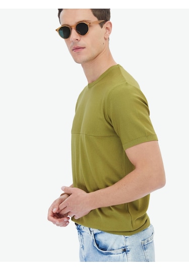 Kip Yağ Yeşili Bisiklet Yaka Ters Örgü Triko Çok Renkli