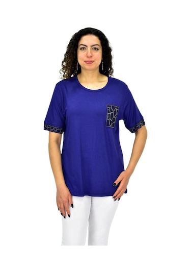 Caftan Kadın Kısa Kol Taşlı Bluz Bgl-st04709 Lacıvert