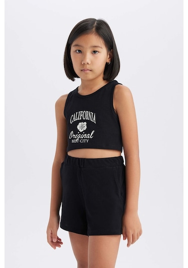 DeFacto Kız Çocuk 2'li Takım Baskılı Atlet Şort E4897A825SMBK81 Siyah