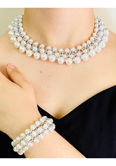 Beyaz Gri Mixli Kristal Taşlı El Yapımı Kolye Ve Bilezik Gri - Beyaz