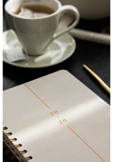 2026 A5 Spiralli Keten Haftalık Ajanda 12 Aylık - Krem Krem