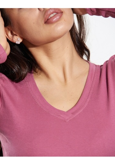 Pamuklu Kaşkorse V Yaka Body Sweatshirt, Fitilli Kumaş Likralı Bluz, Asker Yeşili Badi Gül Kurusu