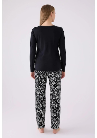 Pierre Cardin 8871 Süprem Uzun Kollu Kadın Pijama Takımı Siyah Çok Renkli