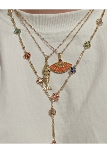 Gold Kıvrık Balık Kolye Çok Renkli