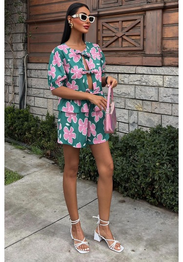 Kadın Multi Çiçek Desenli Poplin Kısa Takım Çok Renkli