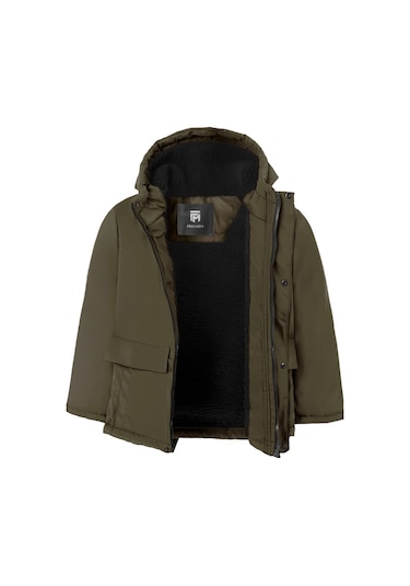 Kız Çocuk Haki İçi Kürklü Su Ve Rüzgar Geçirmez Kapüşonlu 3 Cep Kışlık Mont Haki