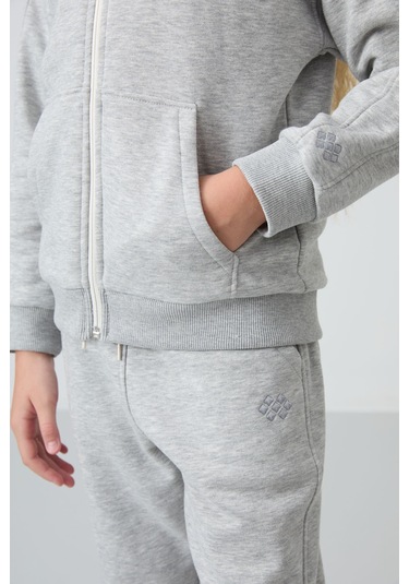 Tommy Life Gri Melanj Pamuklu İçi Tüylü Yumuşak Dokulu Standart Fit Nakışlı Kız Çocuk Eşofman Takım - 75148 Gri Melanj