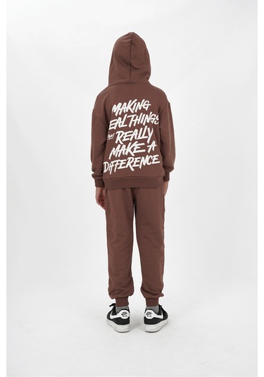 Erkek Çocuk Üç İplik Şardonsuz Kumaş Baskılı Kapüşonlu Eşofman Takımı Koyu Kahve