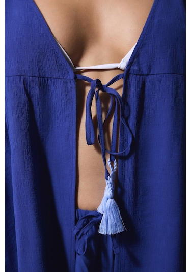 Penti Lacivert Freya Crinckle Kısa Kol V Yaka Midi Kimono