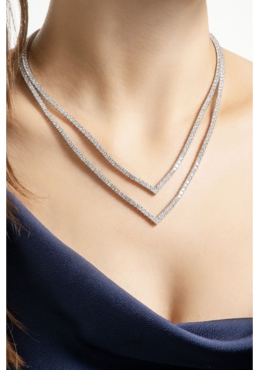 Işıltılı Gece 18 Ayar Beyaz Altın Kaplama Gümüş Tasarım Su Yolu Gerdanlık Beyaz