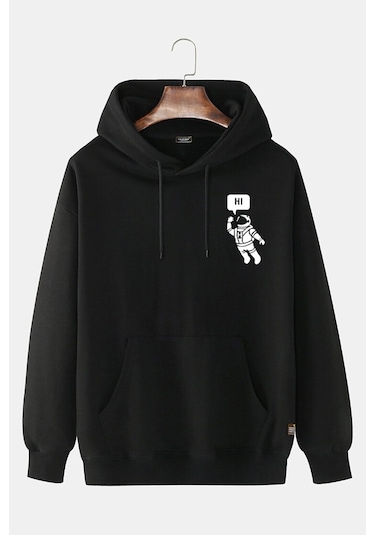 Unisex Black-siyah Önü Astronot Baskılı Kapşonlu Sweatshirt Black-siyah