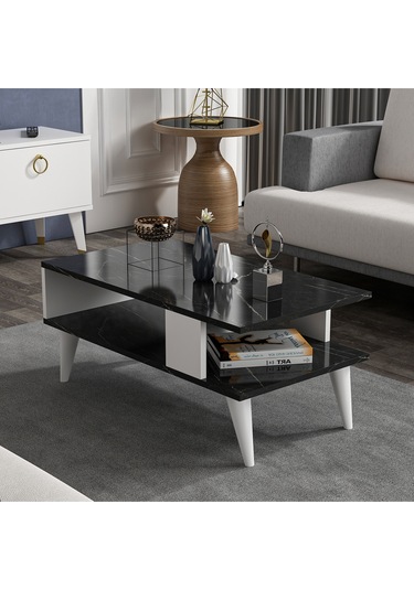 Ayla Orta Sehpa Siyah Mermer-beyaz Siyah Mermer Desen-beyaz