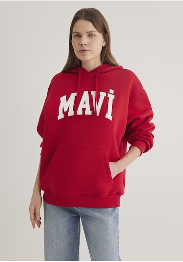 Mavi - Mavi Logo Baskılı Kapüşonlu Kadın Sweatshirt 1600361-86417 Kırmızı