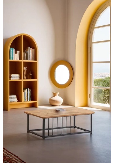 Ahşap Orta Sehpa 60x90 Modern Metal Ayak Siyah Tam Çerçeve Çam Desen Salon Ofis Balkon Sehpası - Town