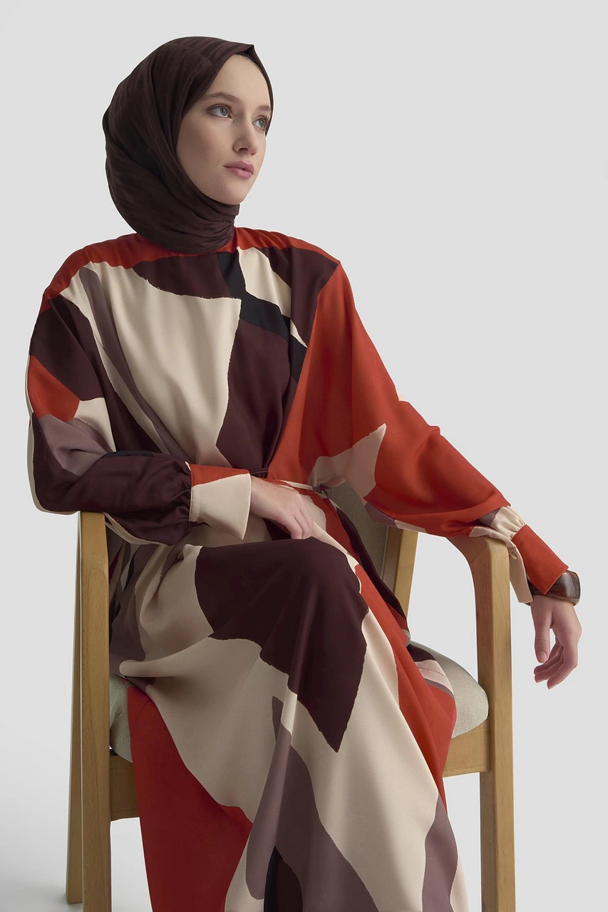 Armine Çapraz Bağlamalı Desenli Elbise 25k9101 Kiremit Kiremit