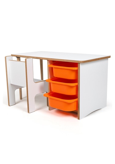Industrial Living 3 Çekmeceli Çocuk Etkinlik Masası - Beyaz Mdf - Turuncu