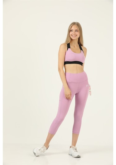 Kadın Lila Yüksek Bel Toparlayıcı Çift Cepli Diz Altı Kapri Tayt Capri 1054 Slim Fit 1054 Lila