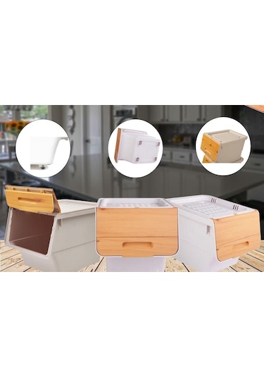 Motek Patetes Soğan Sepeti Oyuncak Kutusu Tekerlekli Organızer Çok Amaçlı Kutu 2x12lt-bambu+krem