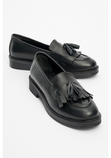 Milina Siyah Cilt Püsküllü Hakiki Deri Kadın Loafer Ayakkabı Siyah Cilt