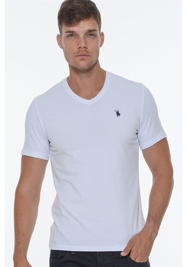 T8568 Dewberry V Yaka Erkek T-shırt-beyaz Beyaz