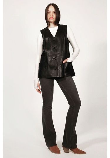 Dericlub Yb-2017 Gerçek Deri Kadın Yelek Siyah