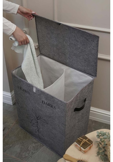 Deri Detaylı 2 Gözlü Çamaşır Sepeti, 53 X 33 X 60 Cm, 105 Litre Gri