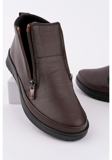 Muggo Feniks Hakiki Deri Çift Fermuarlı Kadın Bot Kahverengi