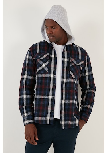 Buratti Ekoseli Çift Cepli Kapüşonlu Oduncu Erkek Gömlek Cf22W2650 Lacivert-Ekru