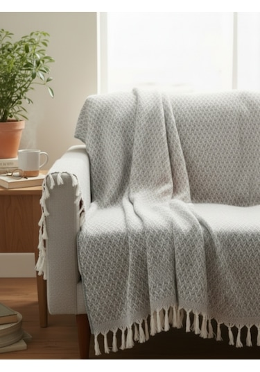 Beylini Çok Amaçlı Örtü Koltuk Çekyat Kilim Yatak Piknik Örtüsü Zemin Kaplama Yıkanabilir Saçaklı 170x200 Cm Gri