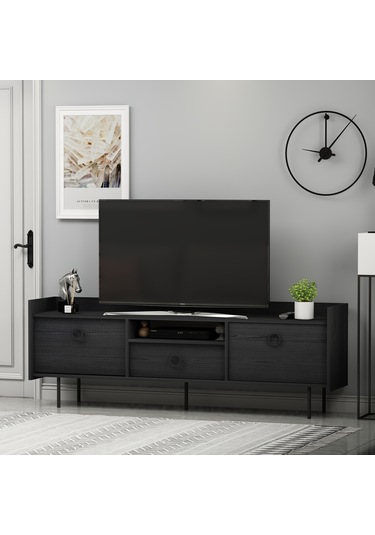 T0015 Lidya Kapaklı, Açık Raflı Tv Sehpası - Ahşap Siyah Ahşap Siyah